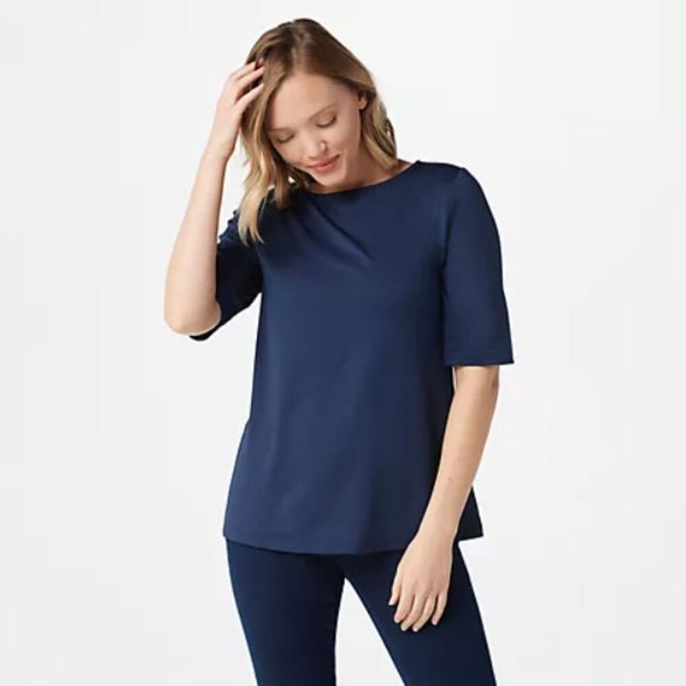 Susan Graver Essentials Butterknit Elbow Sleeve Bateau Neck Top - Navy